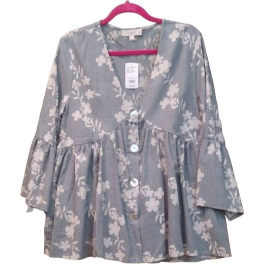 SUZANNE BETRO Weekend BLOUSE 3/4  green BELL SLEEVES BUTTON UP XL